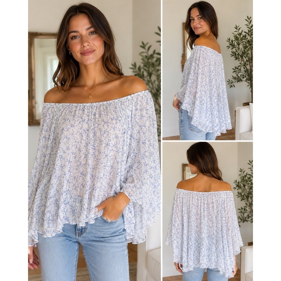 Marina Gigli Tops - Marina Gigli Blouse Womens Small Blue Floral Silk Off Shoulder Made In Italy